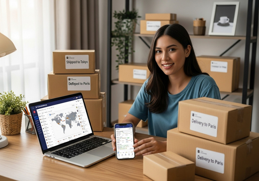 E-commerce entrepreneur selling products online globally from home