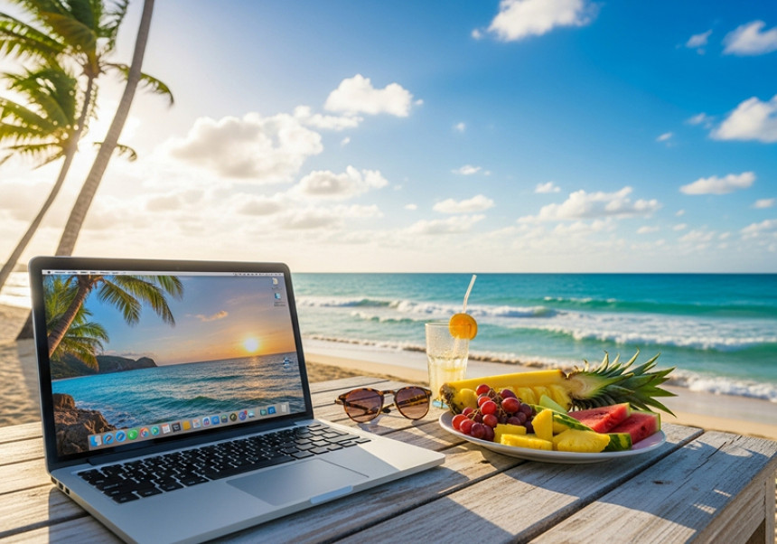 Digital nomad working remotely while traveling worldwide.
