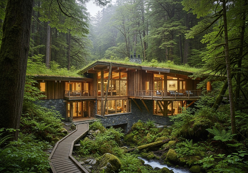 Eco-lodge in a forest surrounded by greenery.
