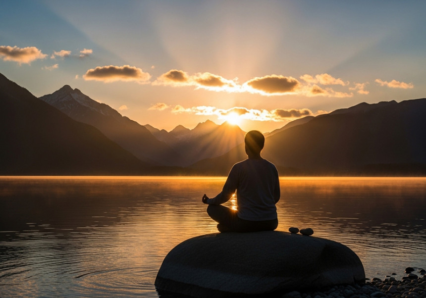Person meditating at sunrise near mountains.