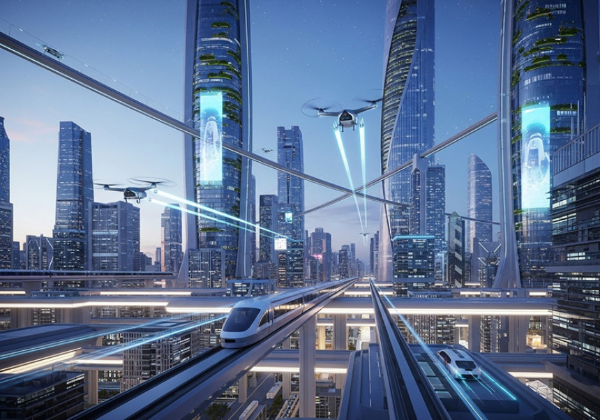Futuristic city skyline with modern transport.