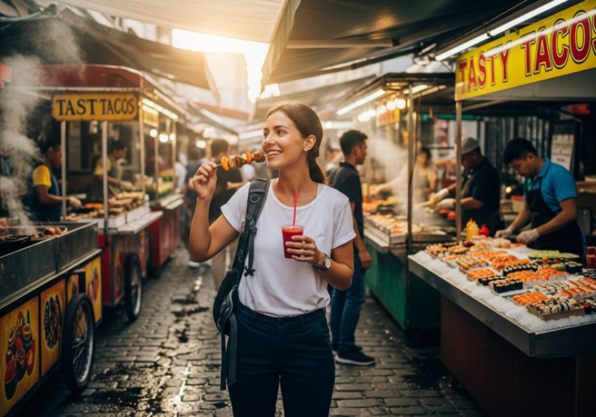 Traveler enjoying street food in an international market.