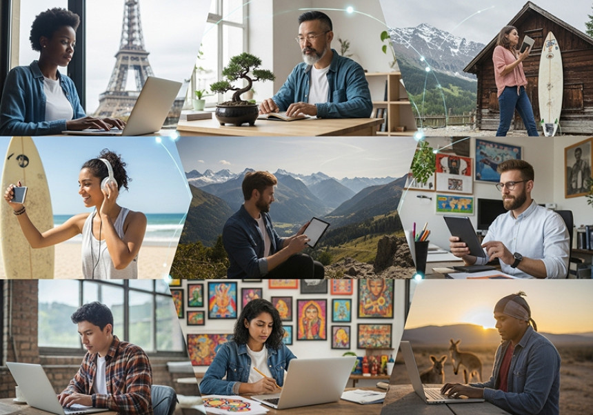 Freelancers from different countries working together online in 2025.