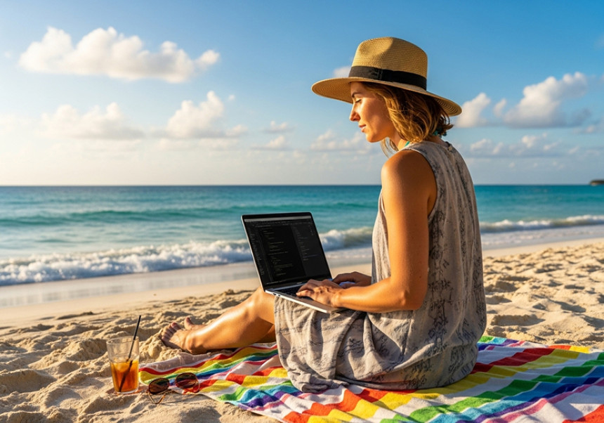 Freelancer enjoying work-life balance while working remotely from a beach.
